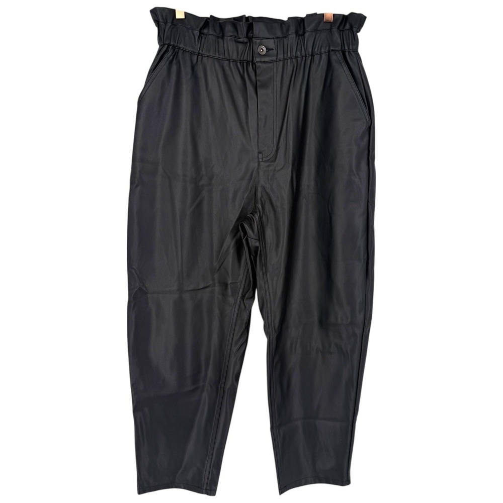 NWT Zara Baggy Faux Leather High Rise Elastic Paperbag Waist Pants Black Size 12